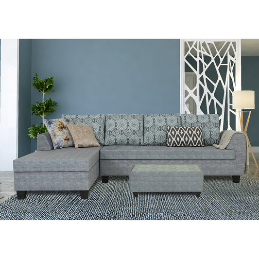 Adorn India Raiden Damask L Shape 6 Seater Sofa Set with Center Table (Left Hand Side) (Grey) (3 Year Warranty)