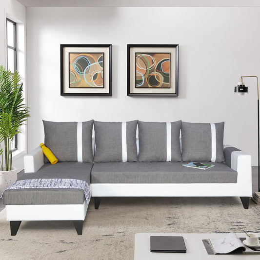 Adorn India Ashley Leatherette Fabric L Shape 6 Seater Sofa Set Stripes (Left Hand Side) (Grey & White) (3 Year Warranty)