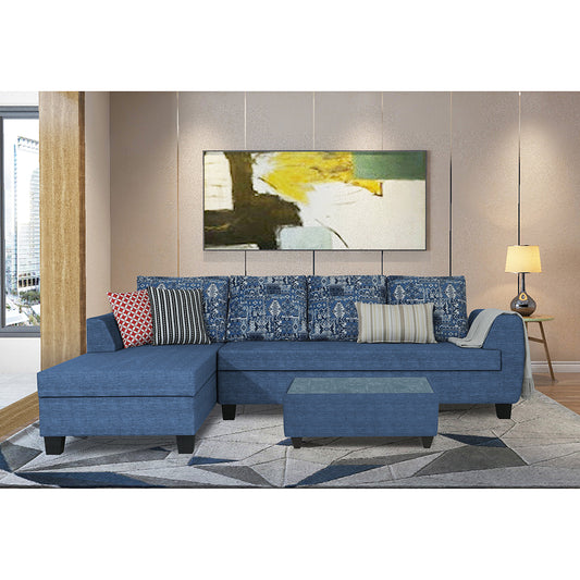Adorn India Raiden Crafty L Shape 6 Seater Sofa Set with Center Table (Left Hand Side) (Blue) (3 Year Warranty)