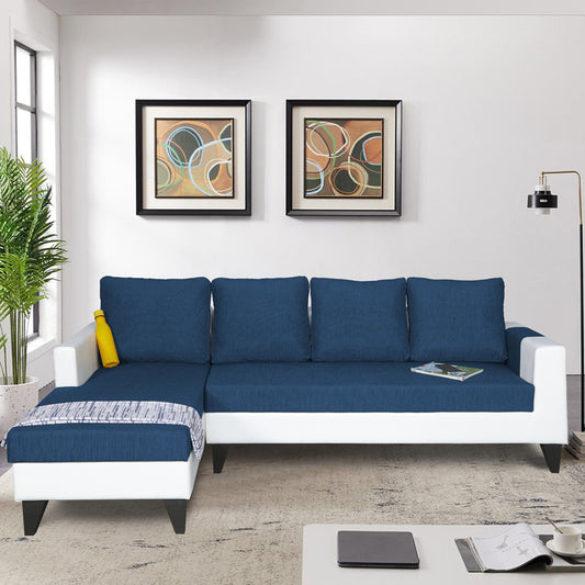 Adorn India Ashley Leatherette Fabric L Shape 6 Seater Sofa Set Plain (Left Hand Side) (Blue & White) (3 Year Warranty)