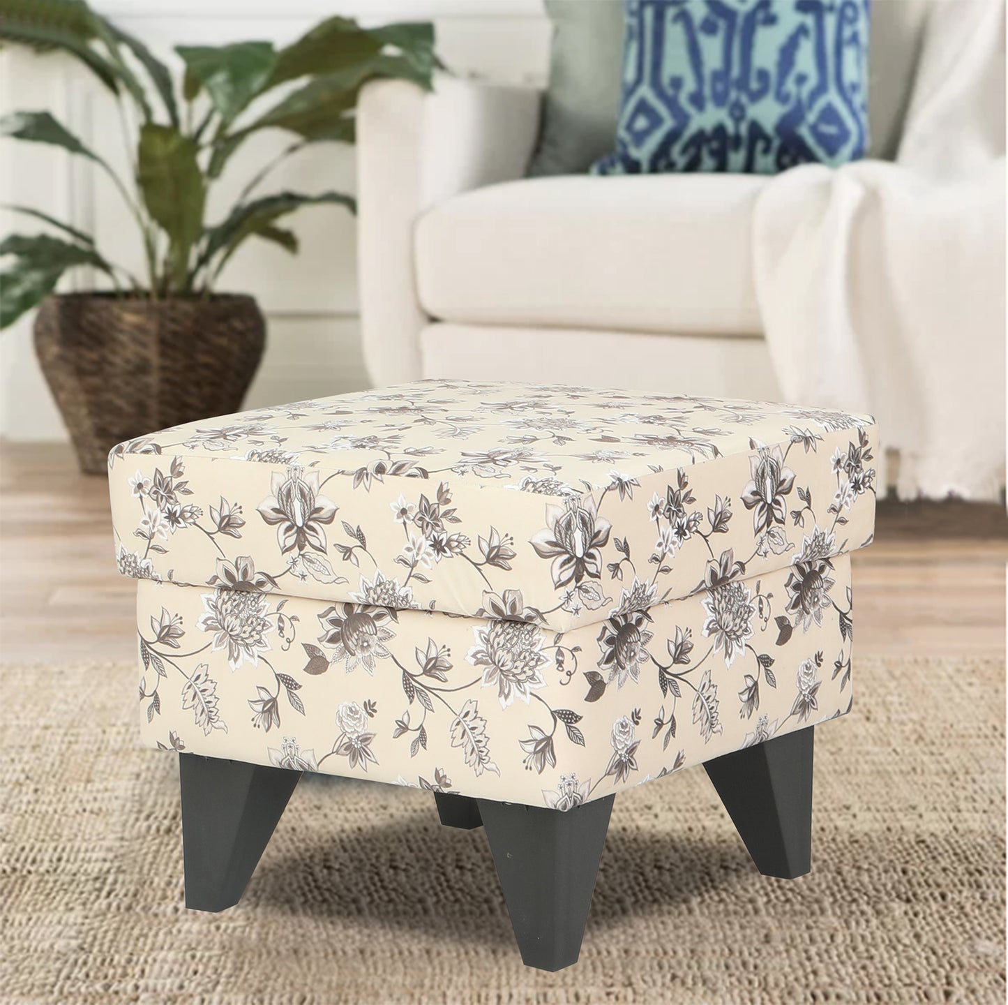 Adorn India Christopher 1 Seater Wing Chair Floral Print with Puffy (Beige)
