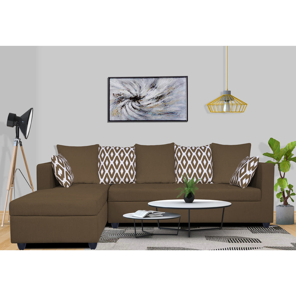Adorn India Zink Straight line L Shape 5 Seater Sofa Rhombus Cushion (Left Side Handle)(Camel)