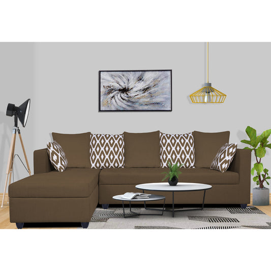 Adorn India Zink Straight line L Shape 5 Seater Sofa Rhombus Cushion (Left Side Handle)(Camel)