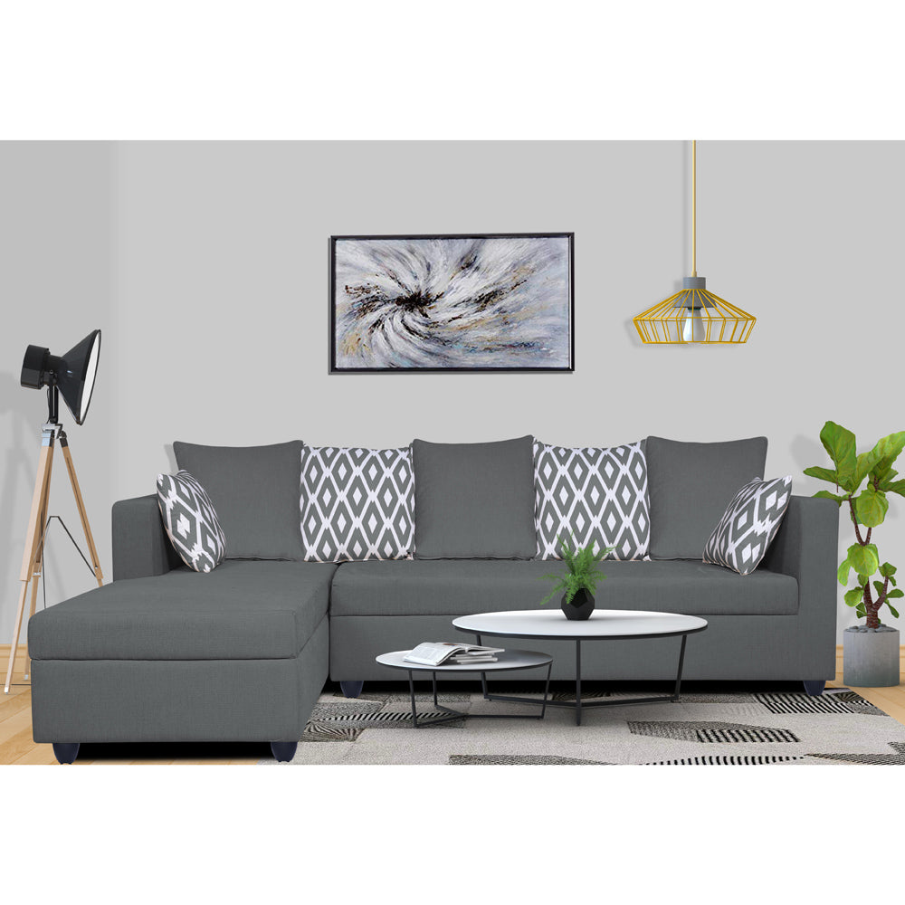 Adorn India Zink Straight line L Shape 5 Seater Sofa Rhombus Cushion (Left Side Handle)(Grey)