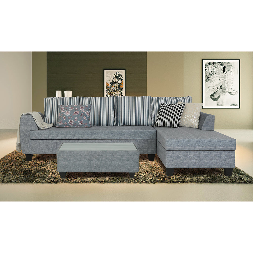 Adorn India Raiden Stripes L Shape 6 Seater Sofa Set with Center Table (Right Hand Side) (Grey) (3 Year Warranty)