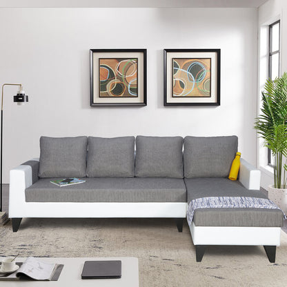 Adorn India Ashley Leatherette Fabric L Shape 6 Seater Sofa Set Plain (Right Hand Side) (Grey & White) (3 Year Warranty)