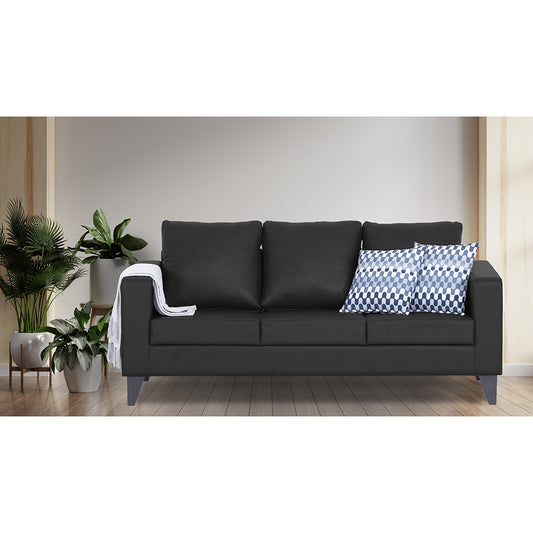 Adorn India Straight line Plus Leatherette 3 Seater Sofa (Black) (3 Year Warranty)