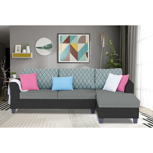 Adorn India Valencia Plus L Shape 6 Seater Sofa Set Blossom (Right Hand Side) (Grey & Black)