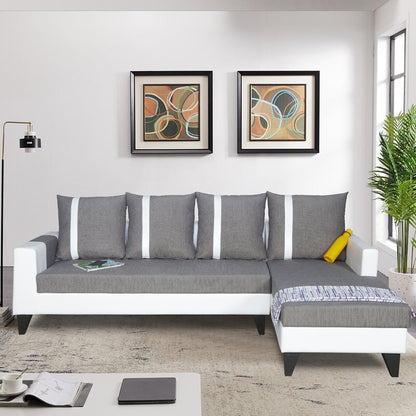 Adorn India Ashley Leatherette Fabric L Shape 6 Seater Sofa Set Stripes (Right Hand Side) (Grey & White) (3 Year Warranty)