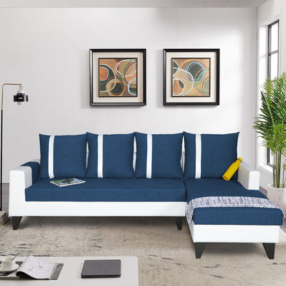 Adorn India Ashley Leatherette Fabric L Shape 6 Seater Sofa Set Stripes (Right Hand Side) (Blue & White) (3 Year Warranty)