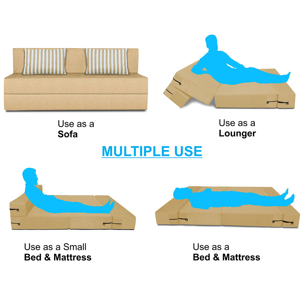 Adorn India Easy Alyn Plus Stripes 4 Seater Wood Sofa Cum Bed (6X6) (Beige) (1 Year Warranty)