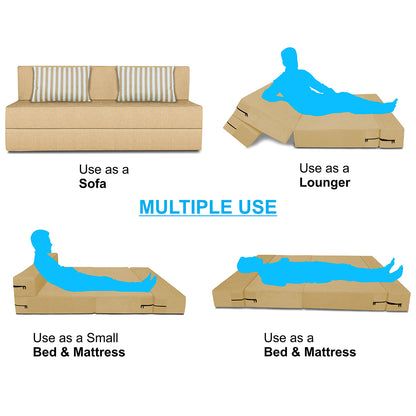 Adorn India Easy Alyn Plus Stripes 4 Seater Wood Sofa Cum Bed (6X6) (Beige) (1 Year Warranty)