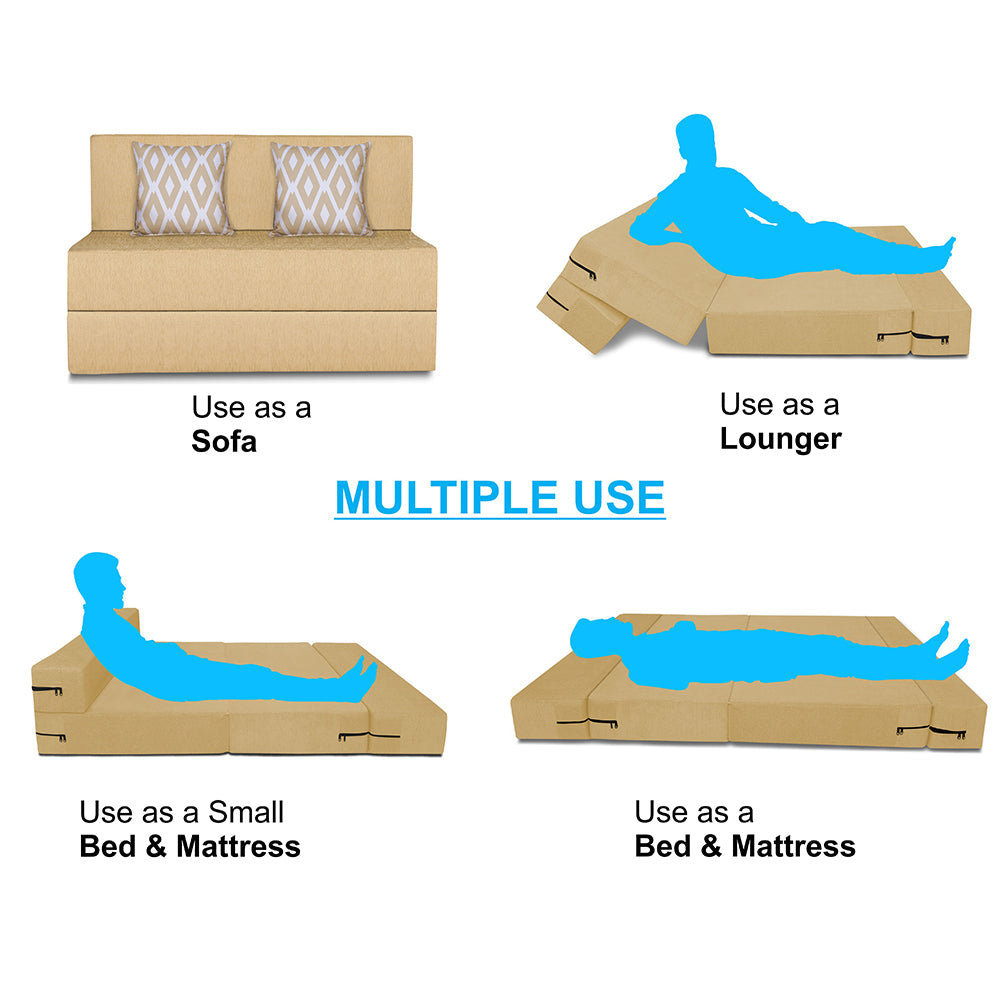 Adorn India Easy 2 Seater Sofa Cum Bed (Rhombus Pattern) Chennile Fabric - Washable Cover - Including 2 Cushion - Size 4' x 6' Ft (Beige Color) Perfect for Home & Office for Guests