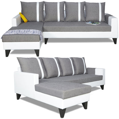 Adorn India Ashley Stripes Leatherette Fabric L Shape 8 Seater Sofa Set with 2 Ottoman Puffy & Center Table LHS (Grey & White) (3 Year Warranty)