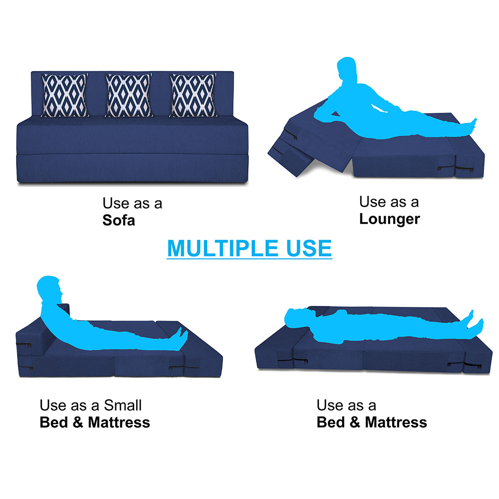 Adorn India Easy 3 Seater Sofa Cum Bed (Rhombus Pattern) Chennile Fabric - Washable Cover - Including 3 Cushion - Size 5' x 6' Ft (Blue Color) Perfect for Home & Office for Guests