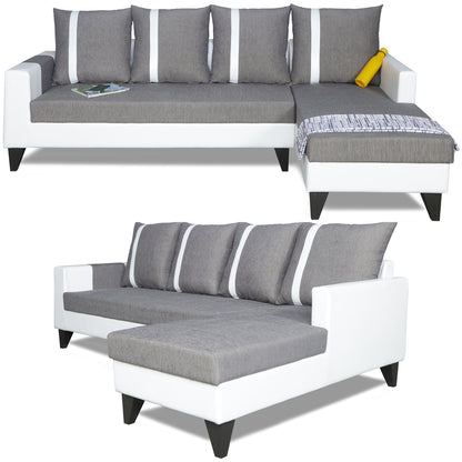Adorn India Ashley Leatherette Fabric L Shape 6 Seater Sofa Set Stripes (Right Hand Side) (Grey & White) (3 Year Warranty)