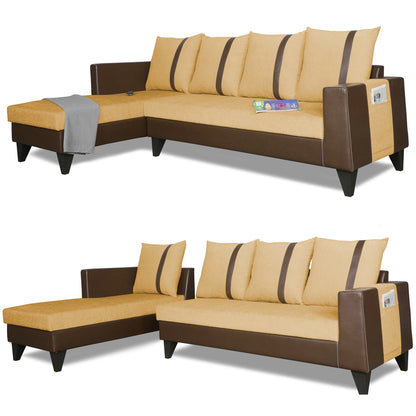Adorn India Ashley L Shape 6 Seater Sofa Set Leatherette Fabric Stripes (Left Hand Side) (Brown & Beige) (3 Year Warranty)