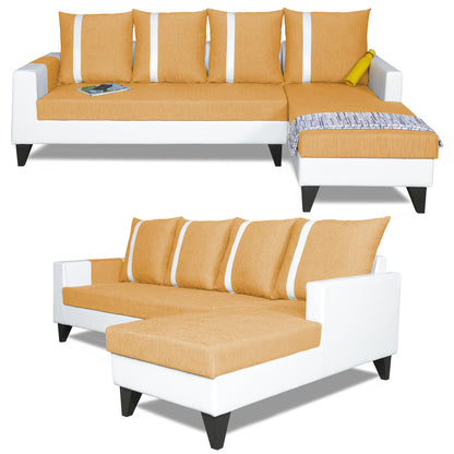 Adorn India Ashley Leatherette Fabric L Shape 6 Seater Sofa Set Stripes (Right Hand Side) (Beige & White) (3 Year Warranty)