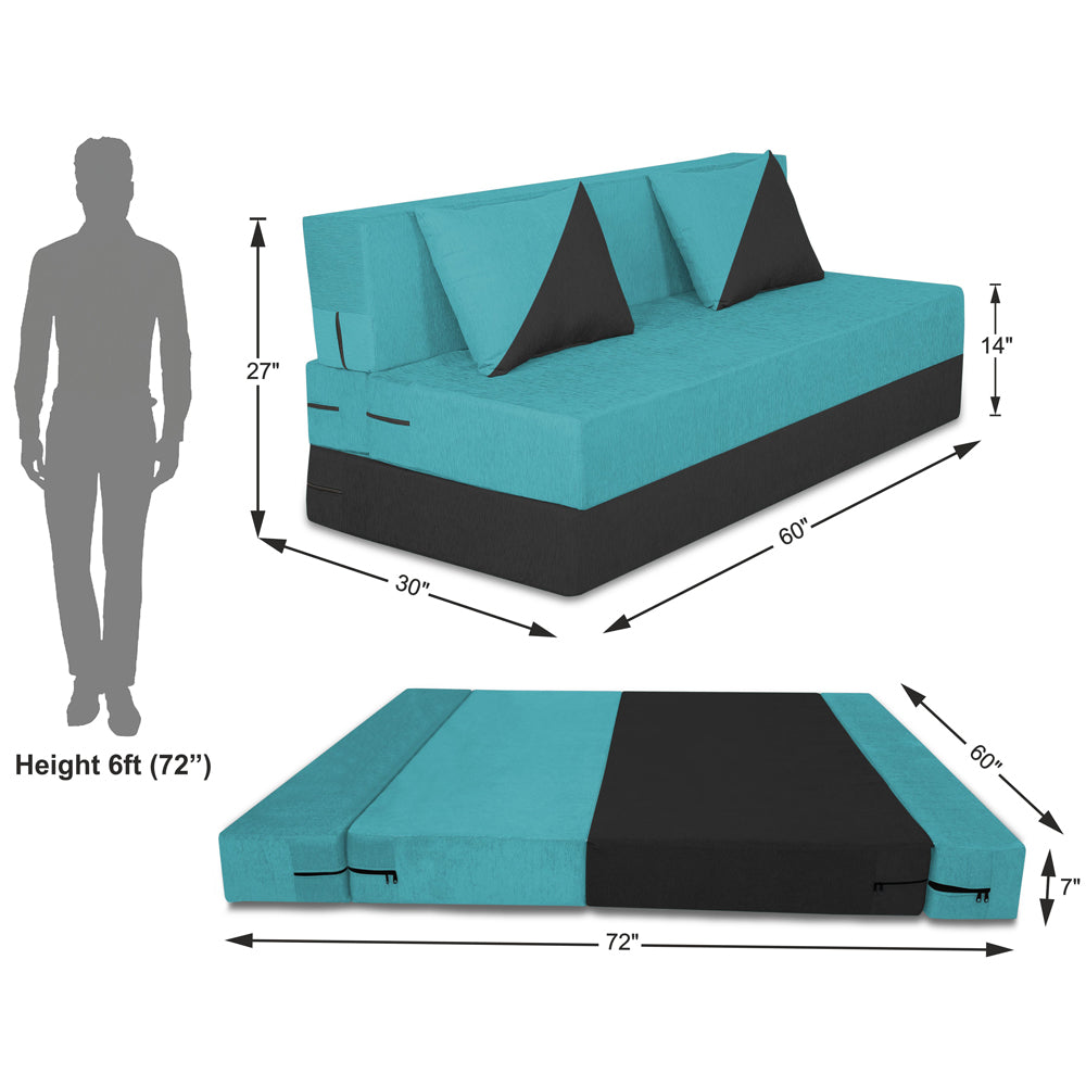 Adorn India Easy Desmond 3 Seater Sofa Cum Bed 5 X 6 (Aqua Blue & Black) (1 Year Warranty)