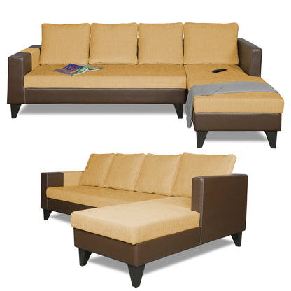 Adorn India Ashley L Shape 6 Seater Sofa Set Leatherette Fabric Plain (Right Hand Side) (Brown & Beige) (3 Year Warranty)