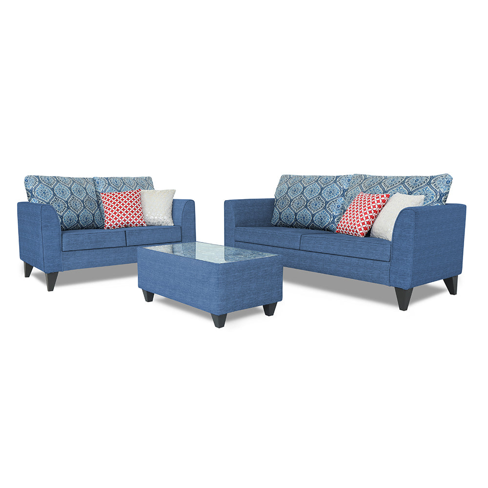 Adorn India Cortina Damask 3+2 5 Seater Sofa Set with Centre Table (Blue)