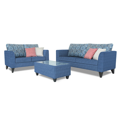 Adorn India Cortina Damask 3+2 5 Seater Sofa Set with Centre Table (Blue)