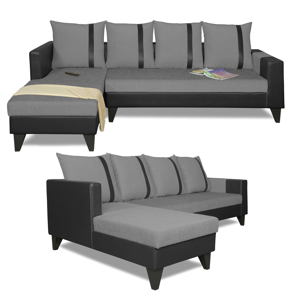 Adorn India Ashley L Shape 6 Seater Sofa Set Leatherette Fabric Stripes (Left Hand Side) (Grey & Black) (3 Year Warranty)