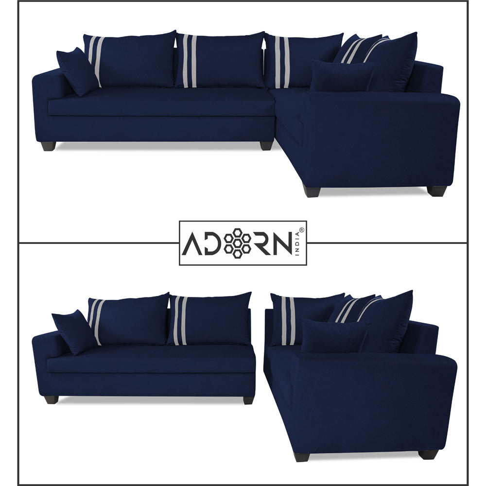 Adorn India Winston L Shape 6 Seater Sofa Set (Right Side) (Blue)