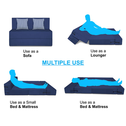Adorn India Easy Alyn Plus Stripes 2 Seater Foam Sofa Cum Bed (4X6) (Blue) (1 Year Warranty)