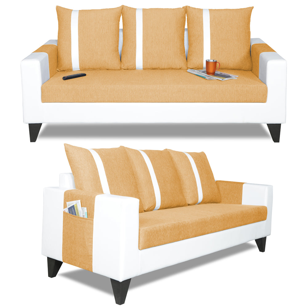 Adorn India Ashley Stripes Leatherette Fabric 3-1-1 Five Seater Sofa Set (Beige & White) (3 Year Warranty)