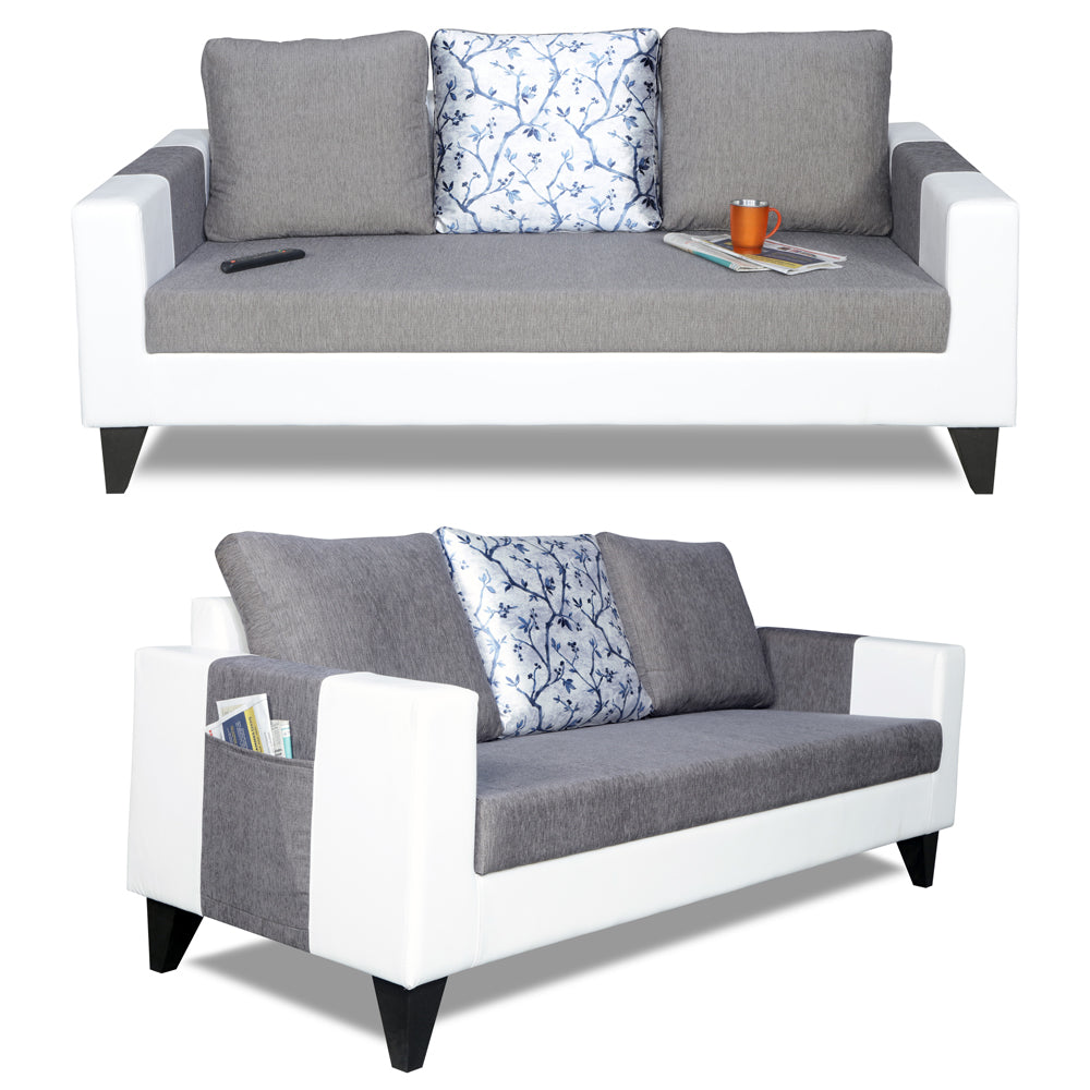 Adorn India Ashley Digitel Print Leatherette Fabric 3 Seater Sofa (Grey & White) (3 Year Warranty)