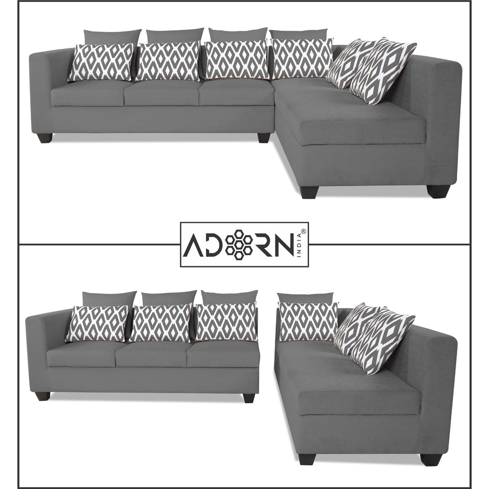 Adorn India Poland L Shape 6 Seater Sofa Set (Right Side) (Grey)