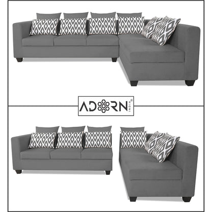 Adorn India Poland L Shape 6 Seater Sofa Set (Right Side) (Grey)