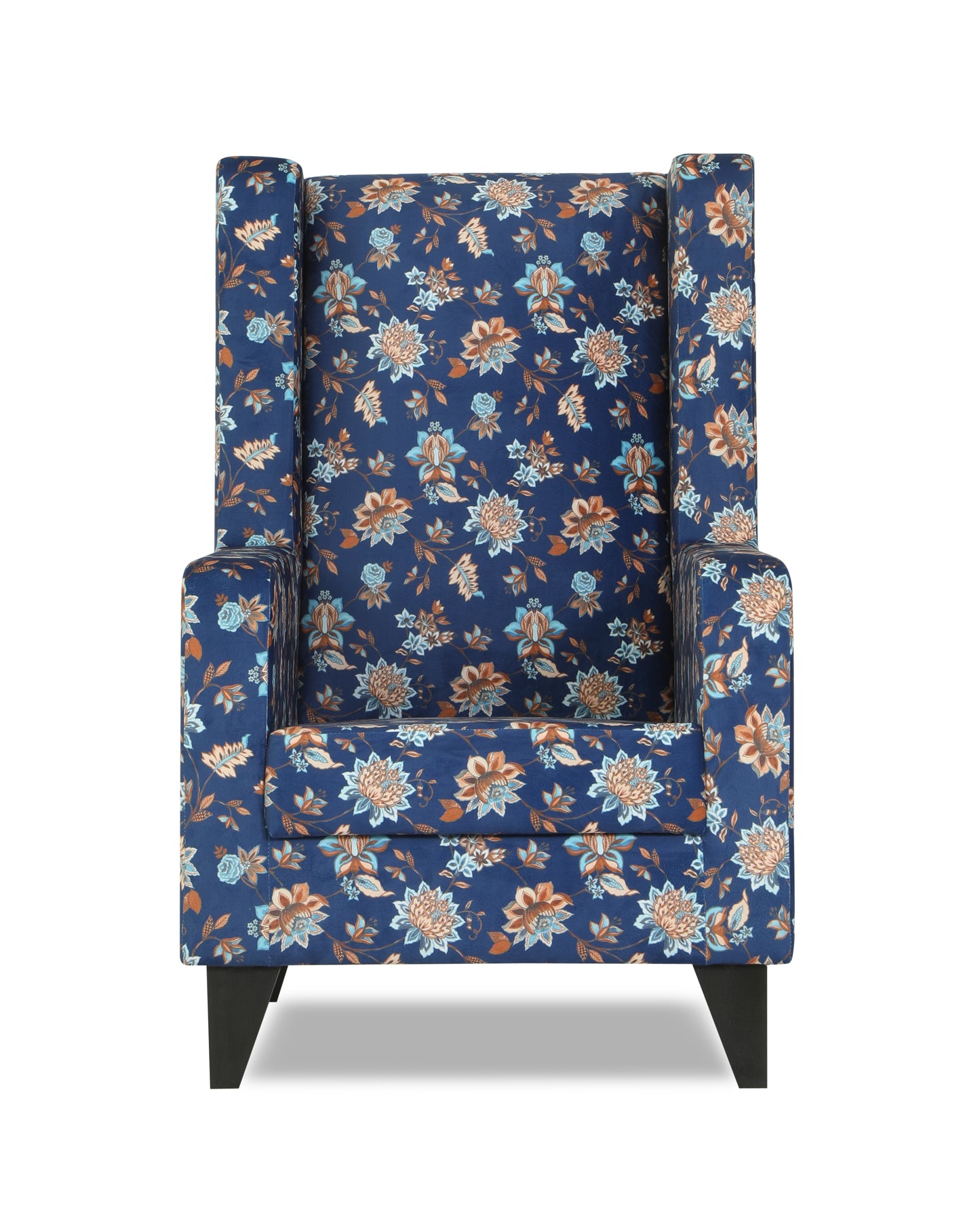 Adorn India Christopher 1 Seater Wing Chair Floral Print with Puffy (Blue)