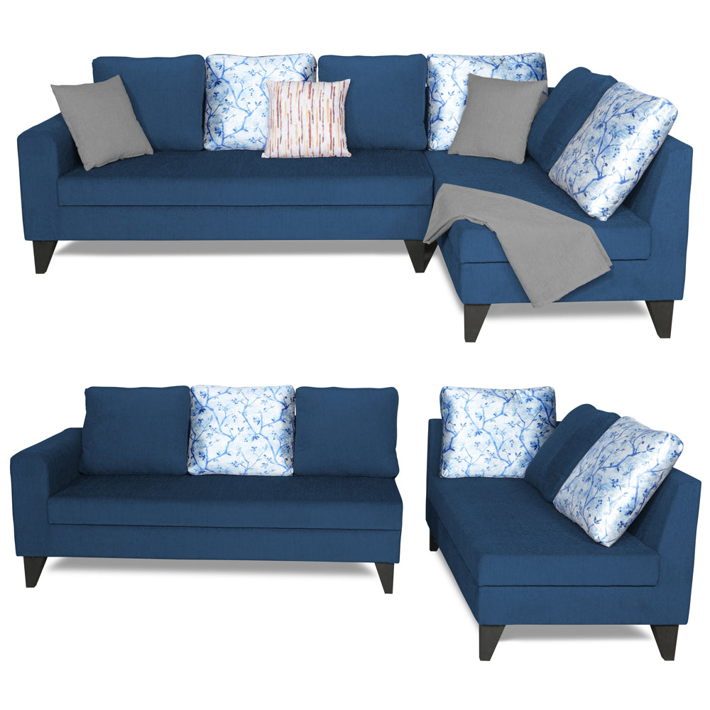 Adorn India Bryson L Shape 6 Seater Sofa Set Digitel Print (Right Hand Side) (Blue) (3 Year Warranty)
