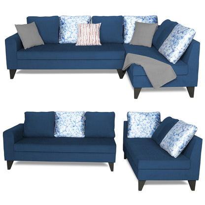 Adorn India Bryson L Shape 6 Seater Sofa Set Digitel Print (Right Hand Side) (Blue) (3 Year Warranty)