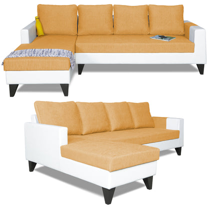 Adorn India Ashley Plain Leatherette Fabric L Shape 8 Seater Sofa Set with 2 Ottoman Puffy & Center Table LHS (Beige & White) (3 Year Warranty)