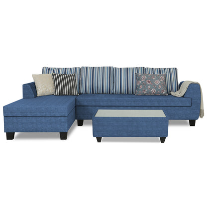 Adorn India Raiden Stripes L Shape 6 Seater Sofa Set with Center Table (Left Hand Side) (Blue) (3 Year Warranty)