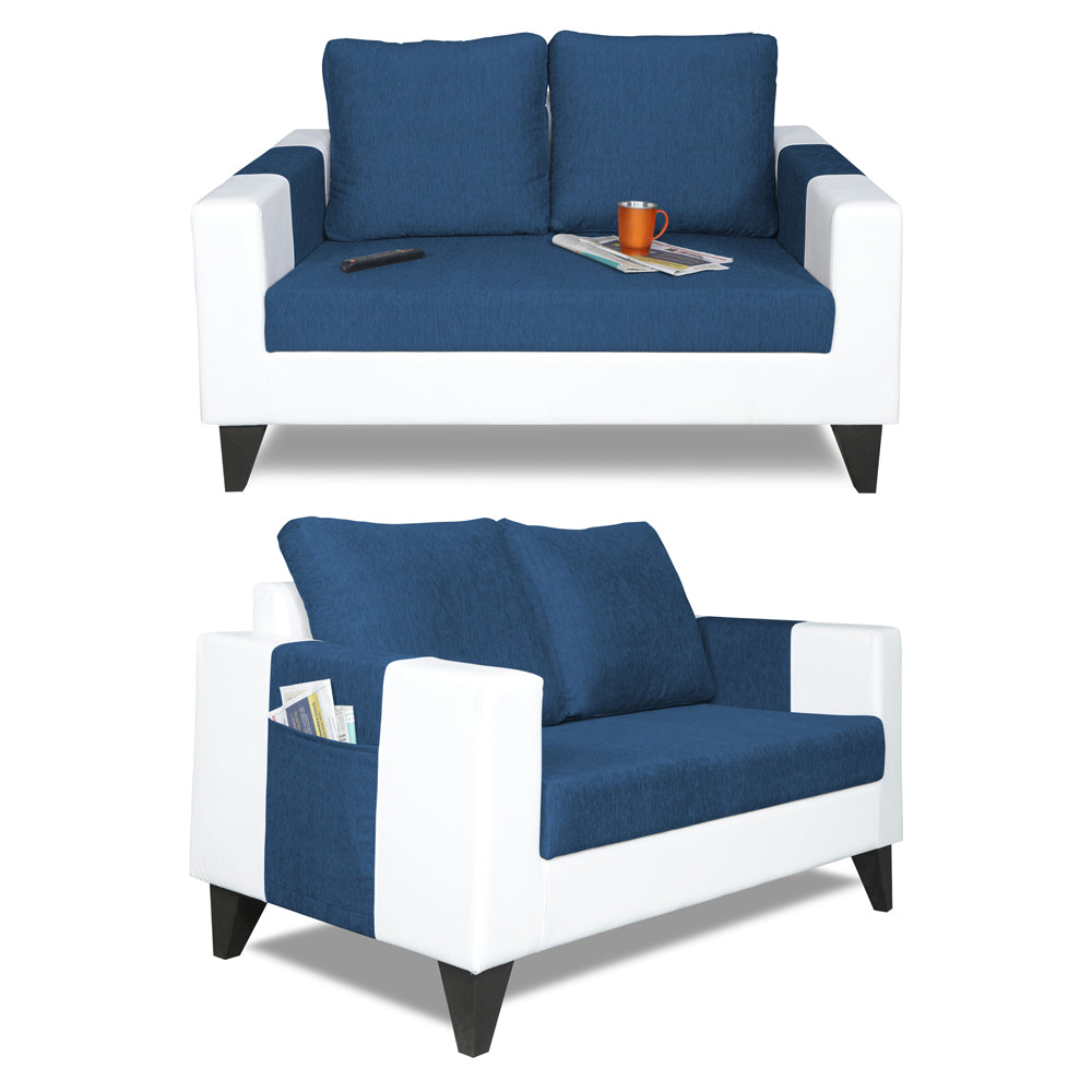 Adorn India Ashley Plain Leatherette Fabric 2 Seater Sofa (Blue & White) (3 Year Warranty)