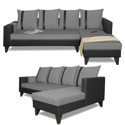 Adorn India Ashley L Shape 6 Seater Sofa Set Leatherette Fabric Stripes (Right Hand Side) (Grey & Black) (3 Year Warranty)