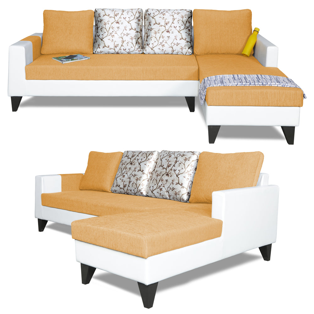 Adorn India Ashley Leatherette Fabric L Shape 6 Seater Sofa Set Digitel Print (Right Hand Side) (Beige & White) (3 Year Warranty)