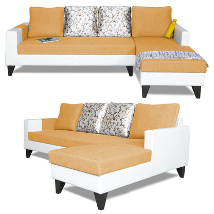 Adorn India Ashley Leatherette Fabric L Shape 6 Seater Sofa Set Digitel Print (Right Hand Side) (Beige & White) (3 Year Warranty)