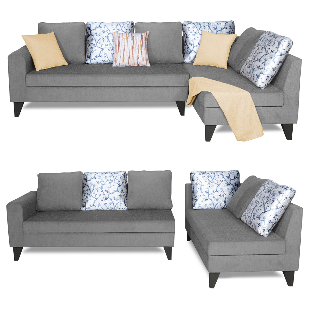 Adorn India Bryson L Shape 6 Seater Sofa Set Digitel Print (Right Hand Side) (Grey) (3 Year Warranty)