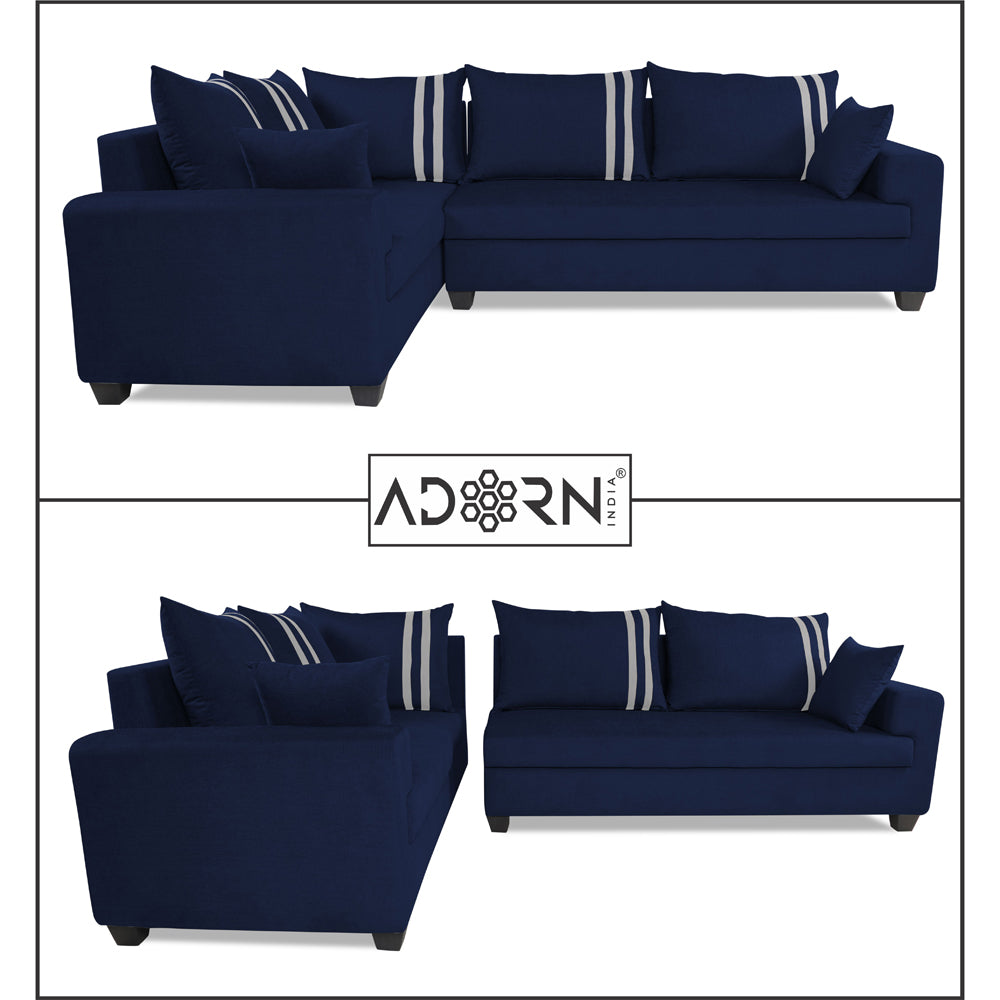 Adorn India Winston L Shape 6 Seater Sofa Set (Left Side) (Blue)