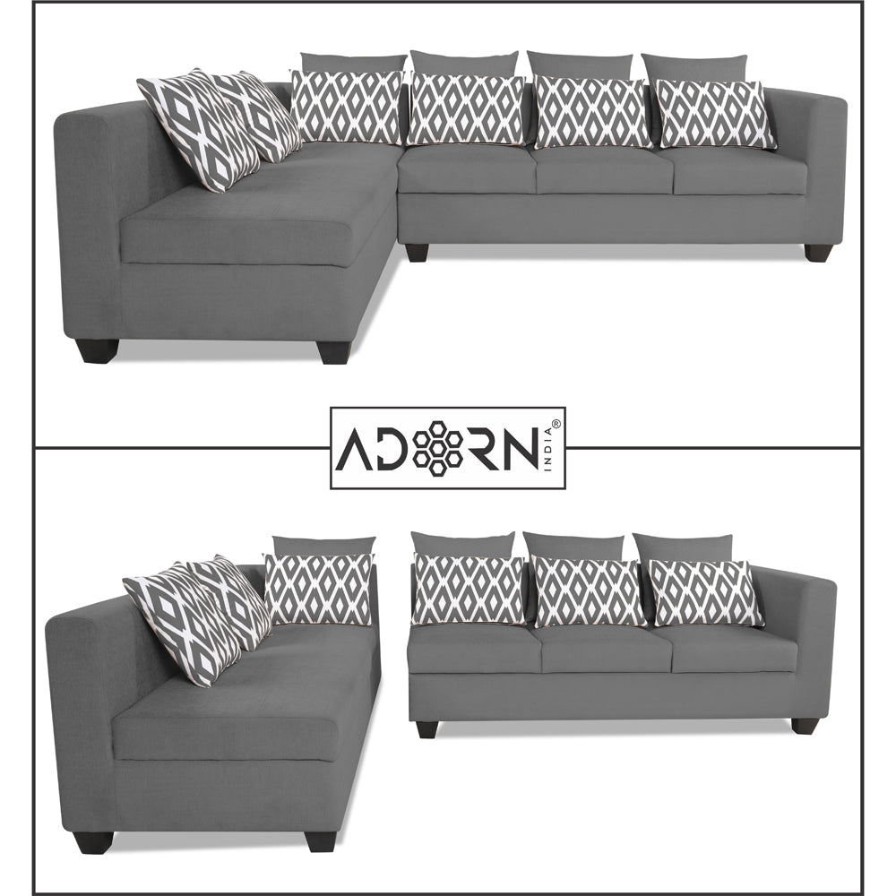 Adorn India Poland L Shape 6 Seater Sofa Set (Left Side) (Grey)