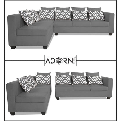 Adorn India Poland L Shape 6 Seater Sofa Set (Left Side) (Grey)