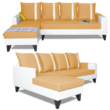 Adorn India Ashley Leatherette Fabric L Shape 6 Seater Sofa Set Stripes (Left Hand Side) (Beige & White) (3 Year Warranty)