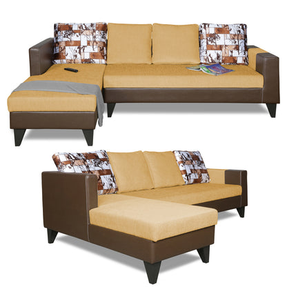 Adorn India Ashley L Shape 6 Seater Sofa Set Leatherette Fabric Digitel Print (Left Hand Side) (Brown & Beige) (3 Year Warranty)