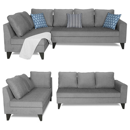 Adorn India Bryson L Shape 6 Seater Sofa Set Plain (Left Hand Side) (Grey) (3 Year Warranty)