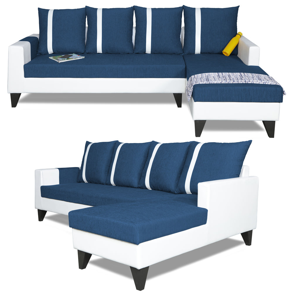 Adorn India Ashley Leatherette Fabric L Shape 6 Seater Sofa Set Stripes (Right Hand Side) (Blue & White) (3 Year Warranty)